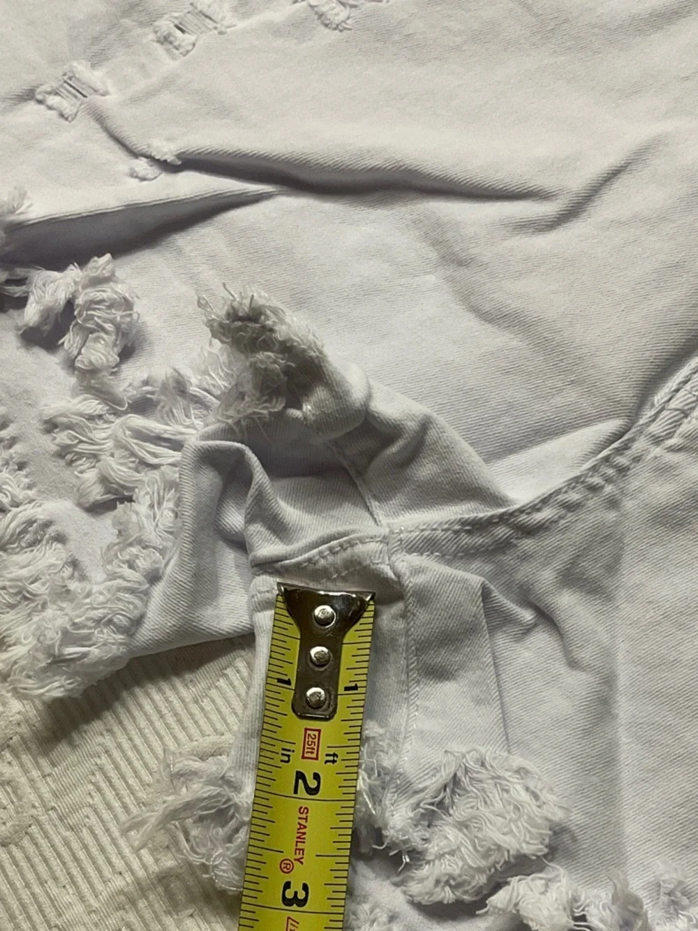 White Denim Shorts with Raw Hem Distressed Stretch